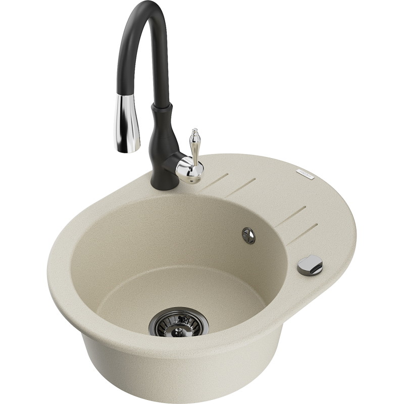 Mexen Kevin granite kitchen sink 1-bowl with drainer and Savita kitchen faucet, beige - 6517-69-672601-70