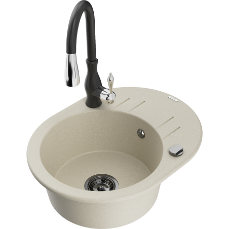 Mexen Kevin granite kitchen sink 1-bowl with drainer and kitchen faucet Savita, beige - 6517-69-672601-70