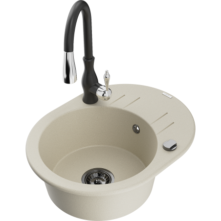 Mexen Kevin granite kitchen sink 1-bowl with drainer and Savita kitchen faucet, beige - 6517-69-672601-70