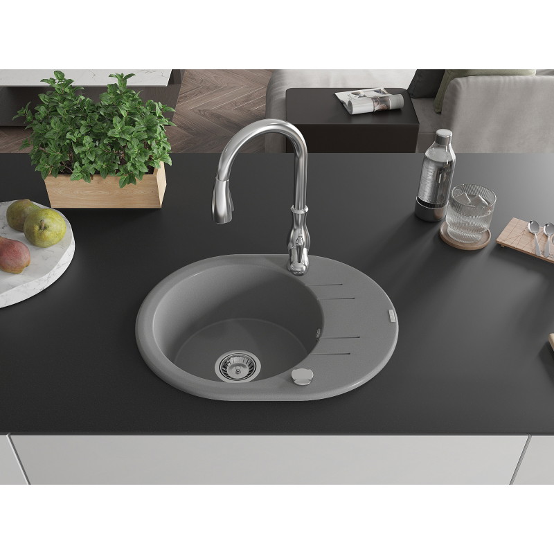 Mexen Kevin granite kitchen sink 1-bowl with drainer and Savita kitchen faucet, gray - 6517-71-672601-00