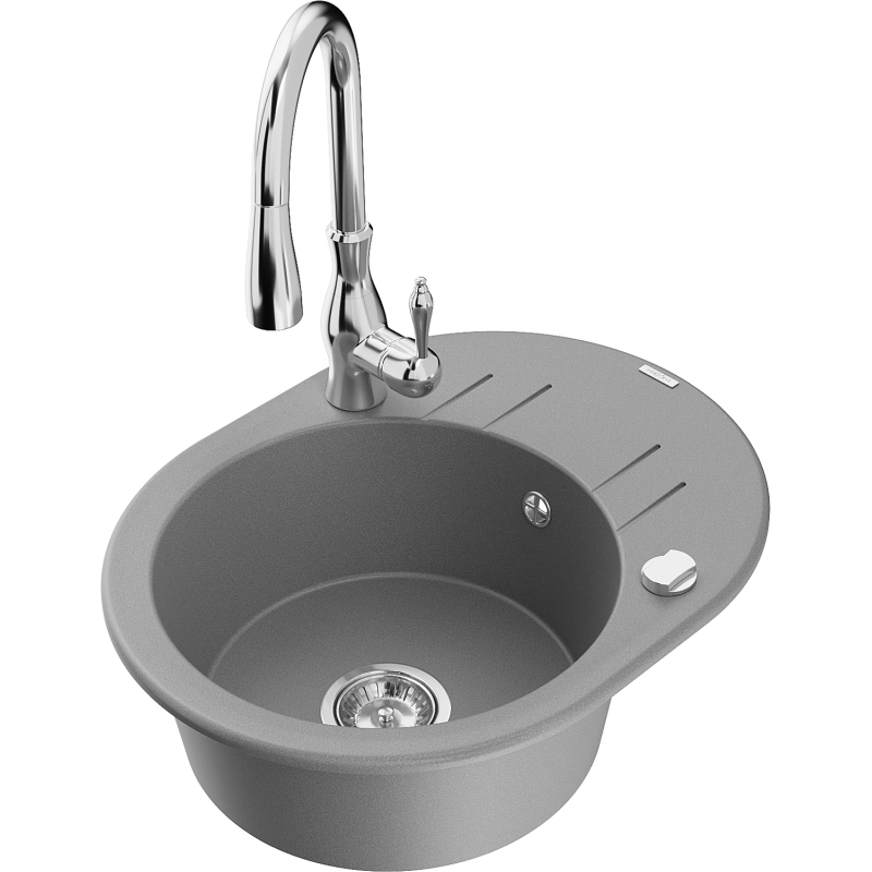 Mexen Kevin 1-compartment granite sink with a drip tray and kitchen mixer tap Savita, Grey - 6517-71-672601-00