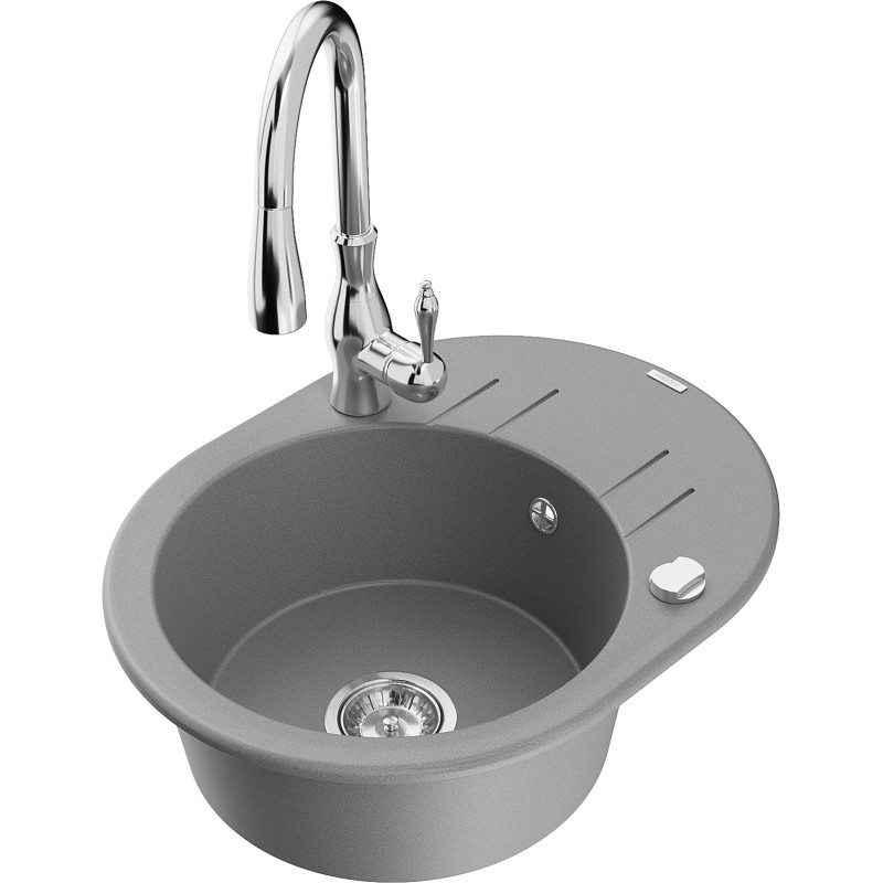 Mexen Kevin granite kitchen sink 1-bowl with drainer and Savita kitchen faucet, gray - 6517-71-672601-00