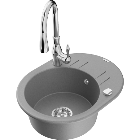 Mexen Kevin granite kitchen sink 1-bowl with drainer and Savita kitchen faucet, gray - 6517-71-672601-00