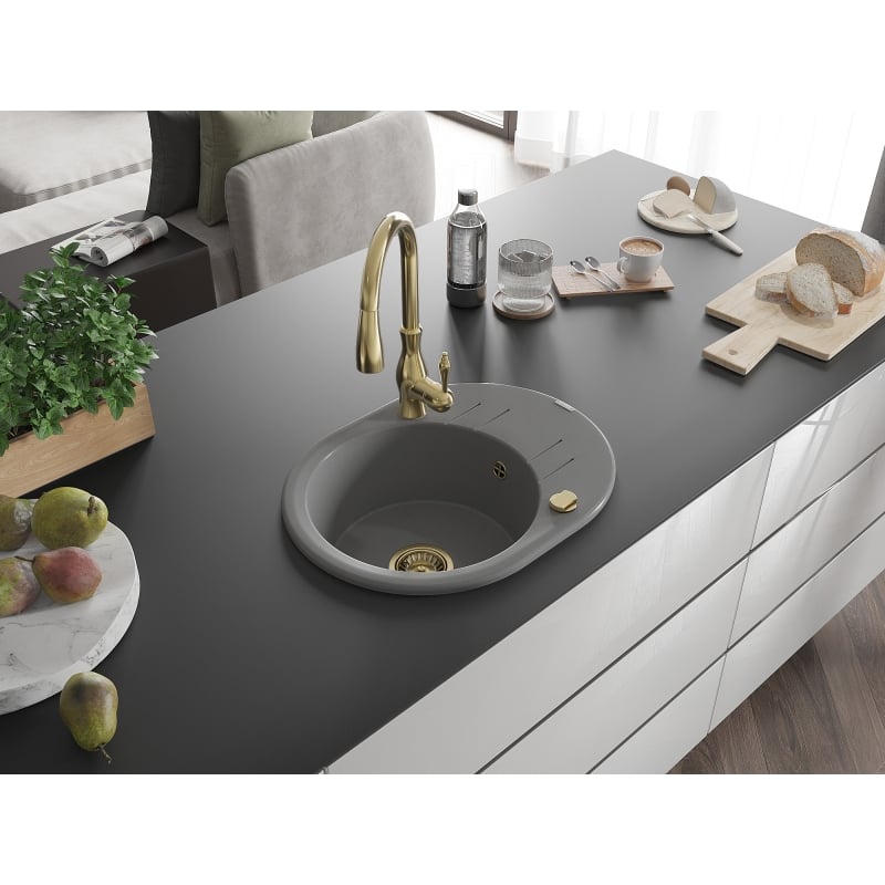 Mexen Kevin granite kitchen sink 1-bowl with drainer and Savita kitchen faucet, gray - 6517-71-672601-50
