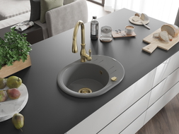 Mexen Kevin granite kitchen sink single-bowl with drainer and Savita kitchen faucet, gray - 6517-71-672601-50