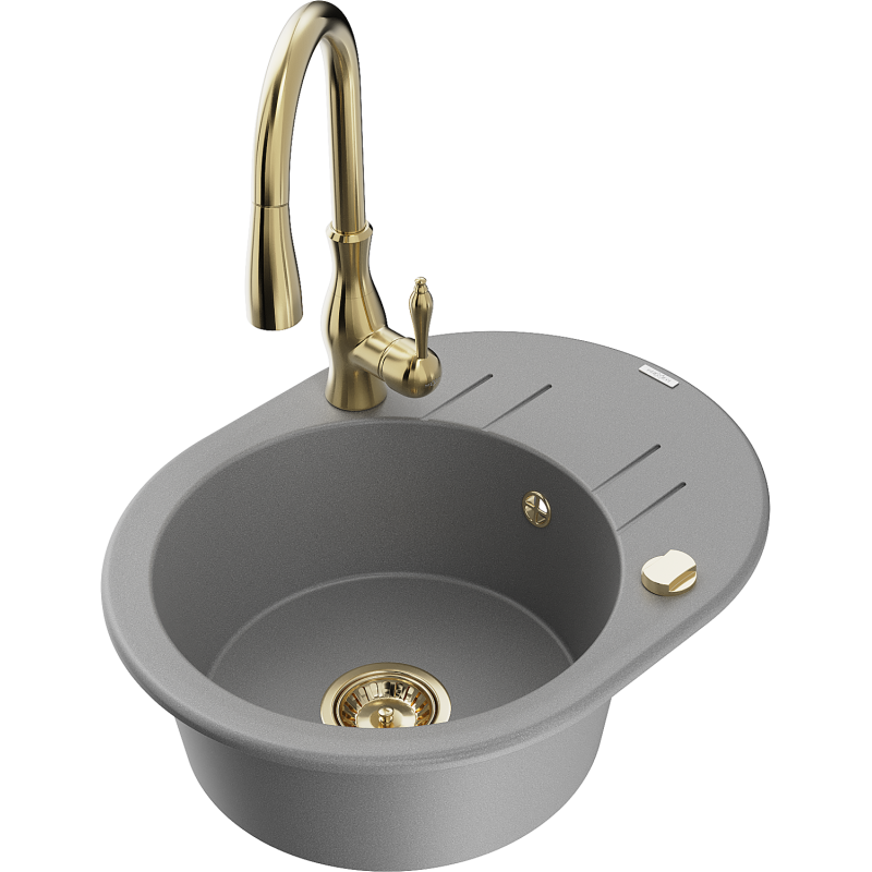 Mexen Kevin 1-compartment granite sink with a drip tray and kitchen mixer tap Savita, Grey - 6517-71-672601-50