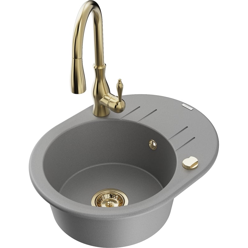Mexen Kevin granite kitchen sink single-bowl with drainer and Savita kitchen faucet, gray - 6517-71-672601-50