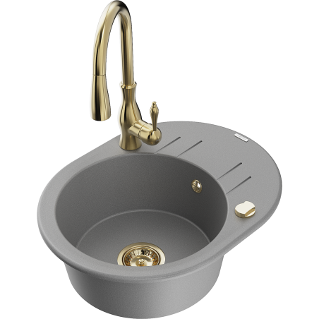 Mexen Kevin granite kitchen sink single-bowl with drainer and Savita kitchen faucet, gray - 6517-71-672601-50