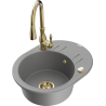 Mexen Kevin granite kitchen sink 1-bowl with drainer and Savita kitchen faucet, gray - 6517-71-672601-50