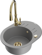 Mexen Kevin granite kitchen sink single-bowl with drainer and Savita kitchen faucet, gray - 6517-71-672601-50