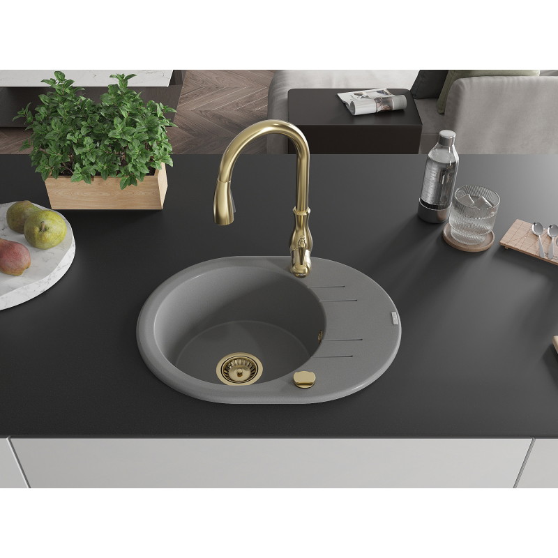 Mexen Kevin granite kitchen sink 1-bowl with drainer and Savita kitchen faucet, gray - 6517-71-672601-50