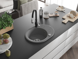 Mexen Kevin 1-bowl granite kitchen sink with drainer and Savita kitchen faucet, gray - 6517-71-672601-70