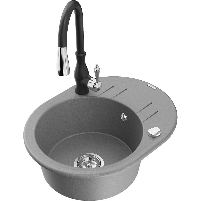 Mexen Kevin 1-bowl granite kitchen sink with drainer and Savita kitchen faucet, gray - 6517-71-672601-70
