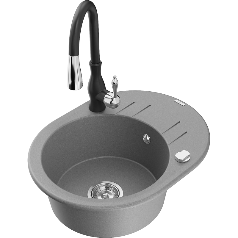 Mexen Kevin 1-compartment granite sink with a drip tray and kitchen mixer tap Savita, Grey - 6517-71-672601-70
