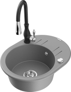 Mexen Kevin 1-compartment granite sink with a drip tray and kitchen mixer tap Savita, Grey - 6517-71-672601-70