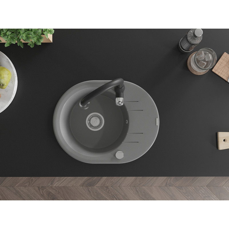 Mexen Kevin granite sink single-bowl with drainer and Savita kitchen tap, grey - 6517-71-672601-70