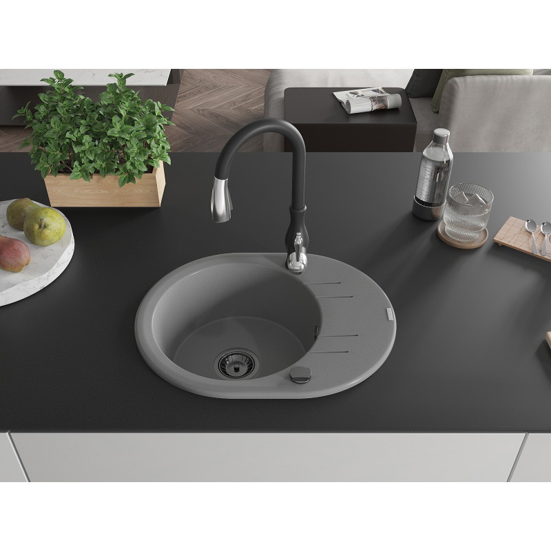 Mexen Kevin 1-bowl granite sink with drainer and Savita kitchen faucet, gray - 6517-71-672601-70-B