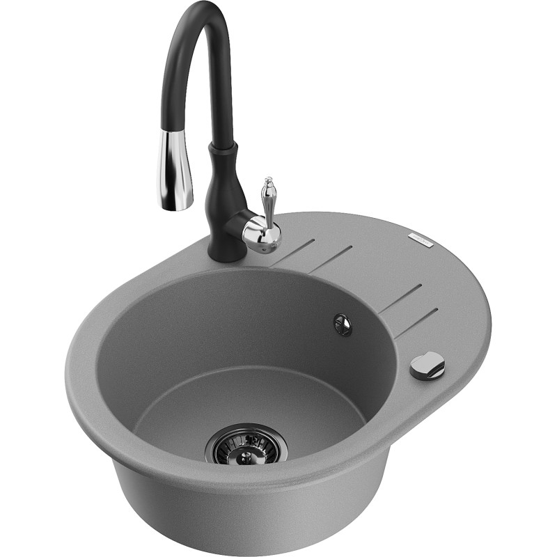 Mexen Kevin 1-bowl granite sink with drainer and Savita kitchen faucet, gray - 6517-71-672601-70-B