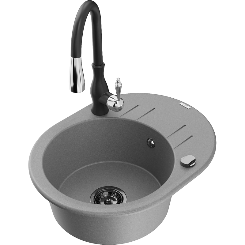Mexen Kevin 1-compartment granite sink with a drip tray and kitchen mixer tap Savita, Grey - 6517-71-672601-70-B