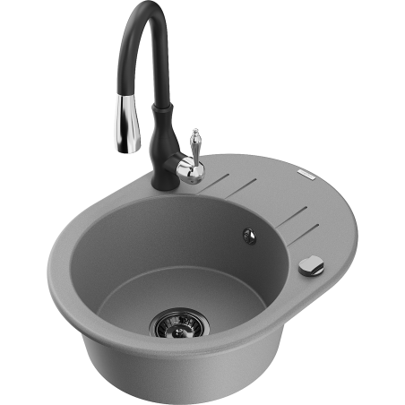 Mexen Kevin 1-compartment granite sink with a drip tray and kitchen mixer tap Savita, Grey - 6517-71-672601-70-B