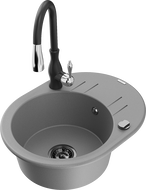 Mexen Kevin 1-compartment granite sink with a drip tray and kitchen mixer tap Savita, Grey - 6517-71-672601-70-B