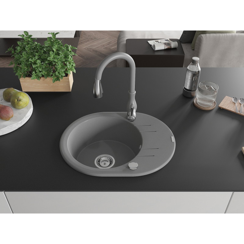 Mexen Kevin 1-bowl granite sink with drainer and Savita kitchen faucet, gray - 6517-71-672601-71
