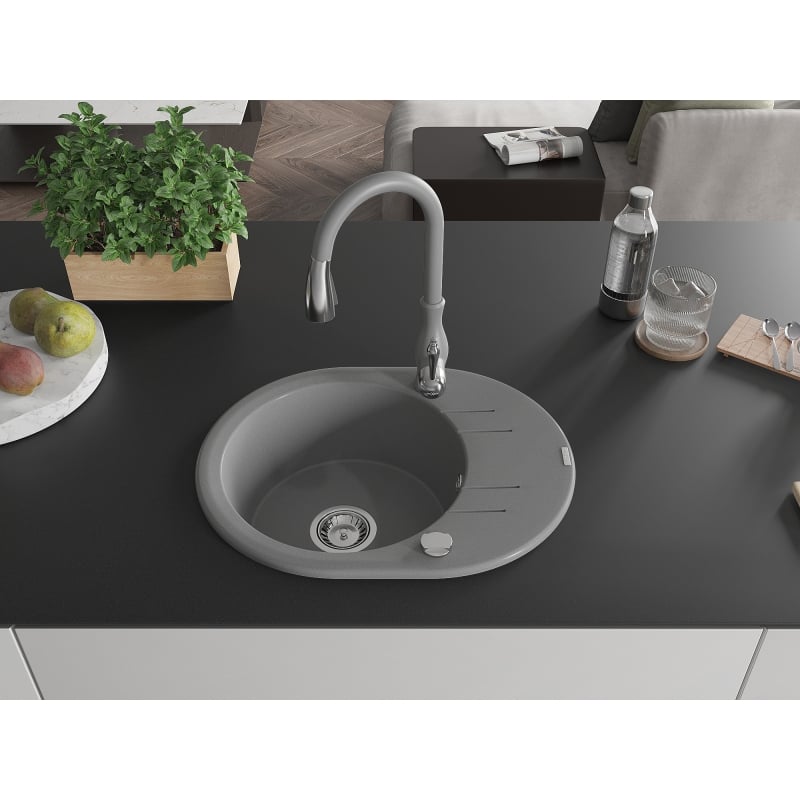 Mexen Kevin granite kitchen sink 1-bowl with drainer and Savita kitchen faucet, gray - 6517-71-672601-71