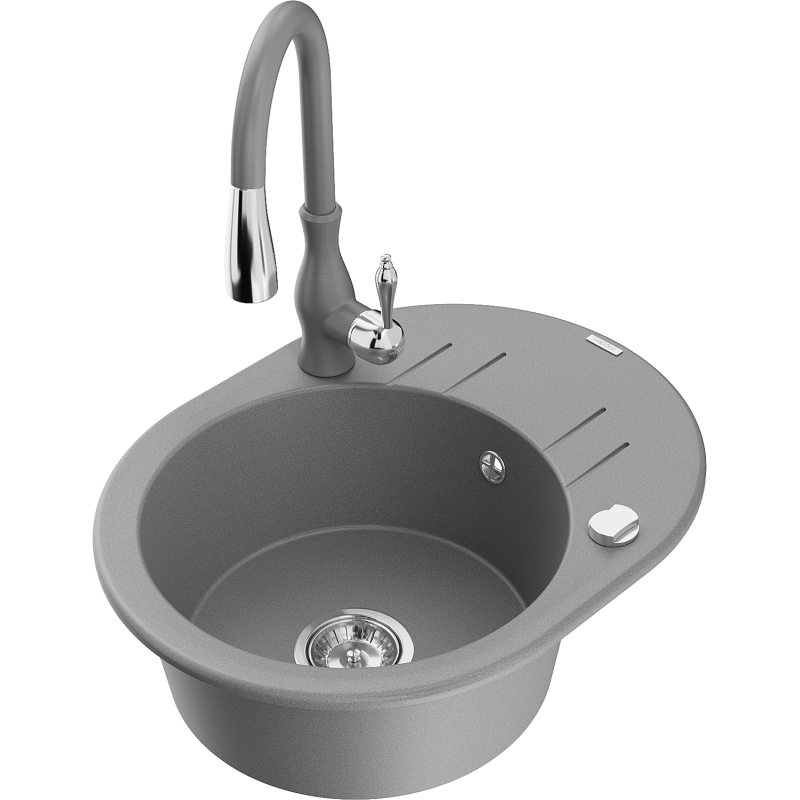 Mexen Kevin 1-compartment granite sink with a drip tray and kitchen mixer tap Savita, Grey - 6517-71-672601-71