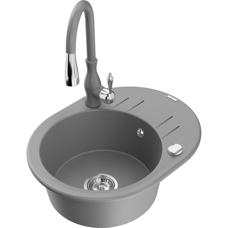 Mexen Kevin granite kitchen sink 1-bowl with drainer and Savita kitchen faucet, gray - 6517-71-672601-71