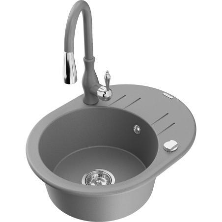 Mexen Kevin 1-bowl granite sink with drainer and Savita kitchen faucet, gray - 6517-71-672601-71