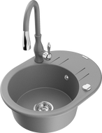 Mexen Kevin 1-bowl granite sink with drainer and Savita kitchen faucet, gray - 6517-71-672601-71