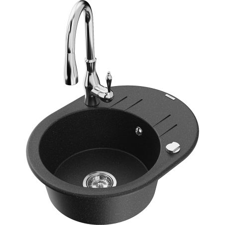 Mexen Kevin granite kitchen sink 1-bowl with drainer and Savita kitchen faucet, black/silver metallic - 6517-73-672601-00