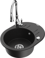 Mexen Kevin granite kitchen sink 1-bowl with drainer and Savita kitchen faucet, black/silver metallic - 6517-73-672601-00