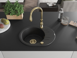 Mexen Kevin granite sink 1-bowl with drainer and Savita kitchen tap, black/silver metallic - 6517-73-672601-50