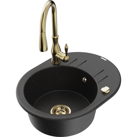 Mexen Kevin 1-compartment granite sink with a drip tray and kitchen mixer tap Savita, Black/Silver metallic - 6517-73-672601-50