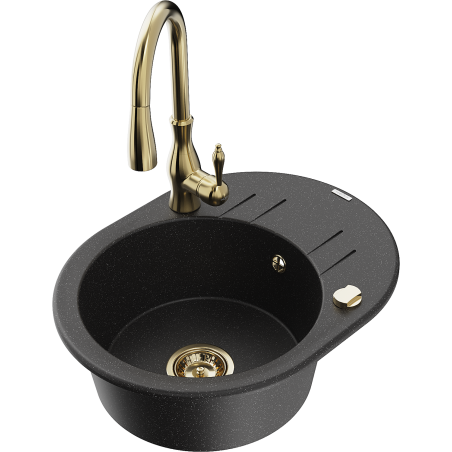 Mexen Kevin granite sink with 1 basin, drainer, and kitchen faucet Savita, black/silver metallic - 6517-73-672601-50