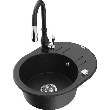 Mexen Kevin granite kitchen sink 1-bowl with drainer and Savita kitchen faucet, black/silver metallic - 6517-73-672601-70