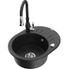 Mexen Kevin granite kitchen sink 1-bowl with drainer and Savita kitchen faucet, black/silver metallic - 6517-73-672601-70