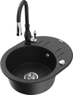 Mexen Kevin 1-Bowl Granite Sink with Drainer and Savita Kitchen Faucet, Black/Silver Metallic - 6517-73-672601-70