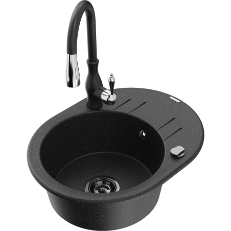 Mexen Kevin 1-compartment granite sink with a drip tray and kitchen mixer tap Savita, Black/Silver - 6517-73-672601-70-B
