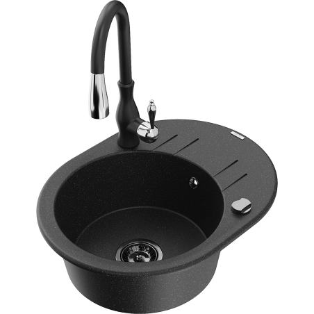 Mexen Kevin Granite Kitchen Sink with Single Bowl, Drainer, and Savita Faucet, Black/Silver - 6517-73-672601-70-B