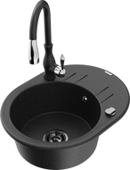 Mexen Kevin granite sink 1-bowl with drainer and Savita kitchen tap, black/silver - 6517-73-672601-70-B