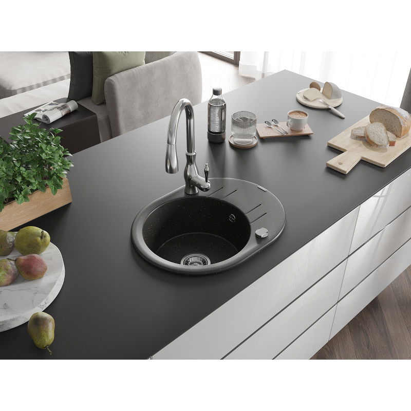 Mexen Kevin 1-bowl granite sink with drainer and Savita kitchen tap, black/golden metallic - 6517-75-672601-00