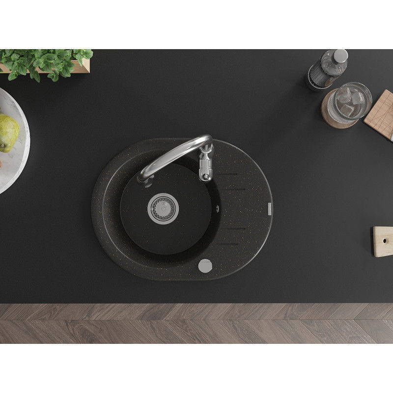 Mexen Kevin 1-bowl granite sink with drainer and Savita kitchen tap, black/golden metallic - 6517-75-672601-00