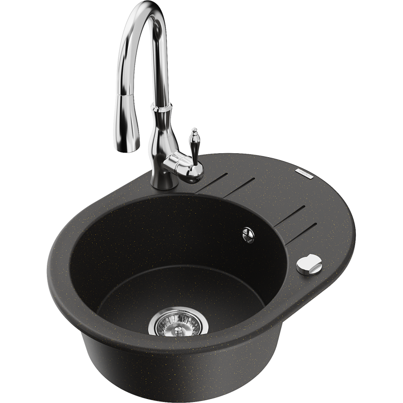 Mexen Kevin 1-compartment granite sink with a drip tray and kitchen mixer tap Savita, Black/Gold metallic - 6517-75-672601-00