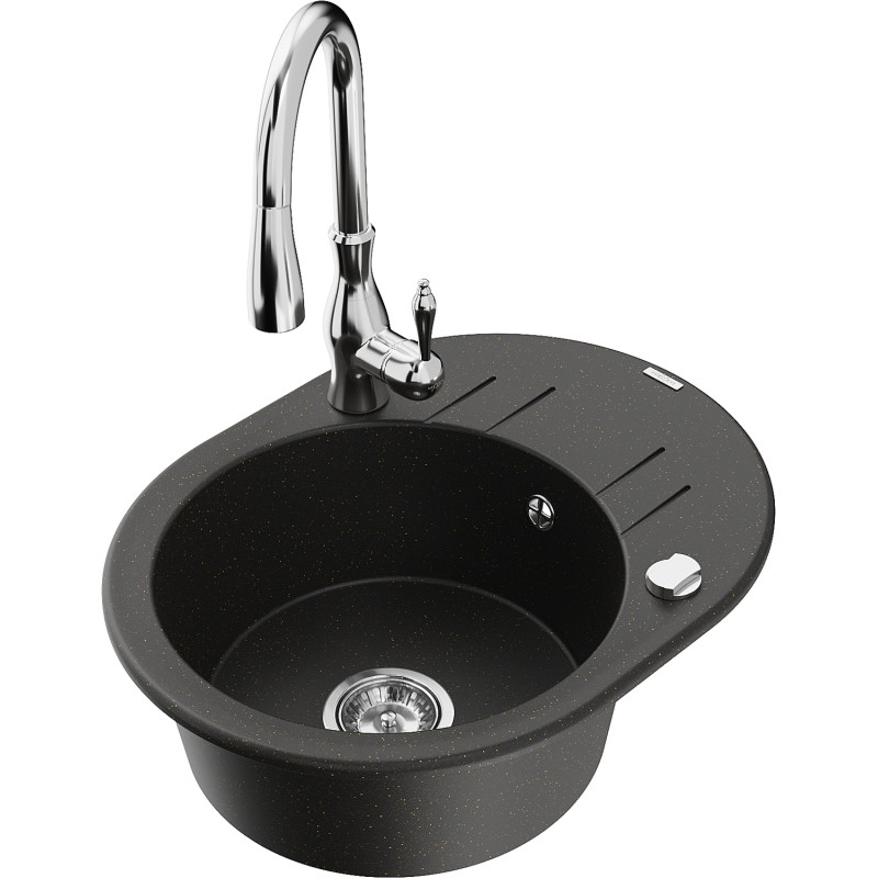 Mexen Kevin granite kitchen sink 1-bowl with drainer and Savita kitchen faucet, black/gold metallic - 6517-75-672601-00