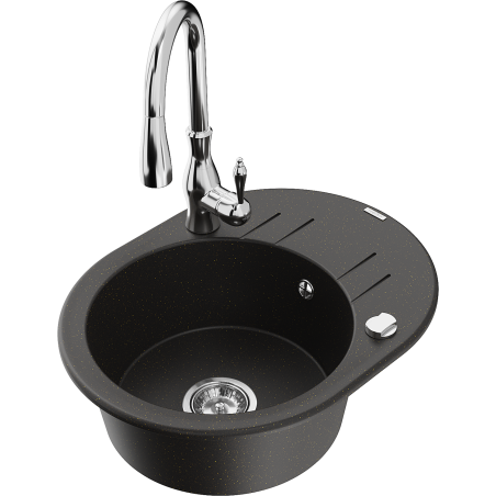 Mexen Kevin granite kitchen sink 1-bowl with drainer and Savita kitchen faucet, black/gold metallic - 6517-75-672601-00