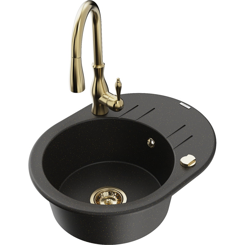 Mexen Kevin granite single-bowl sink with drainer and Savita kitchen faucet, black/gold metallic - 6517-75-672601-50