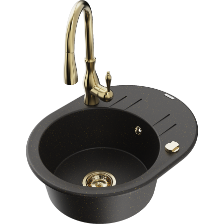 Mexen Kevin granite single-bowl sink with drainer and Savita kitchen faucet, black/gold metallic - 6517-75-672601-50