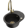 Mexen Kevin granite kitchen sink 1-bowl with drainer and kitchen faucet Savita, black/gold metallic - 6517-75-672601-50